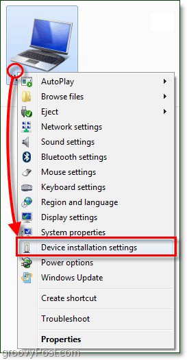 dans le menu contextuel de votre ordinateur Windows 7 et descendez dans les paramètres d'installation de l'appareil