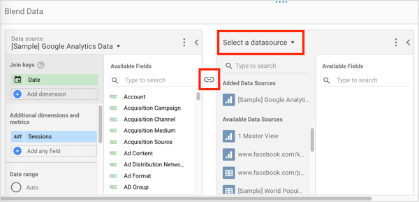 Choisissez la source de données supplémentaire et la manière dont les sources de données sont connectées.