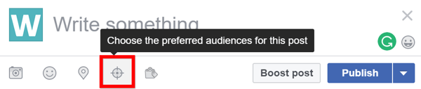 Pour voir si l'optimisation de l'audience est activée pour votre page Facebook, recherchez l'icône de ciblage lorsque vous créez une nouvelle publication.