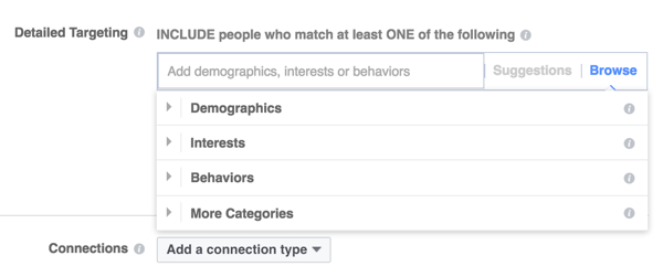 Facebook propose trois principales catégories de ciblage.
