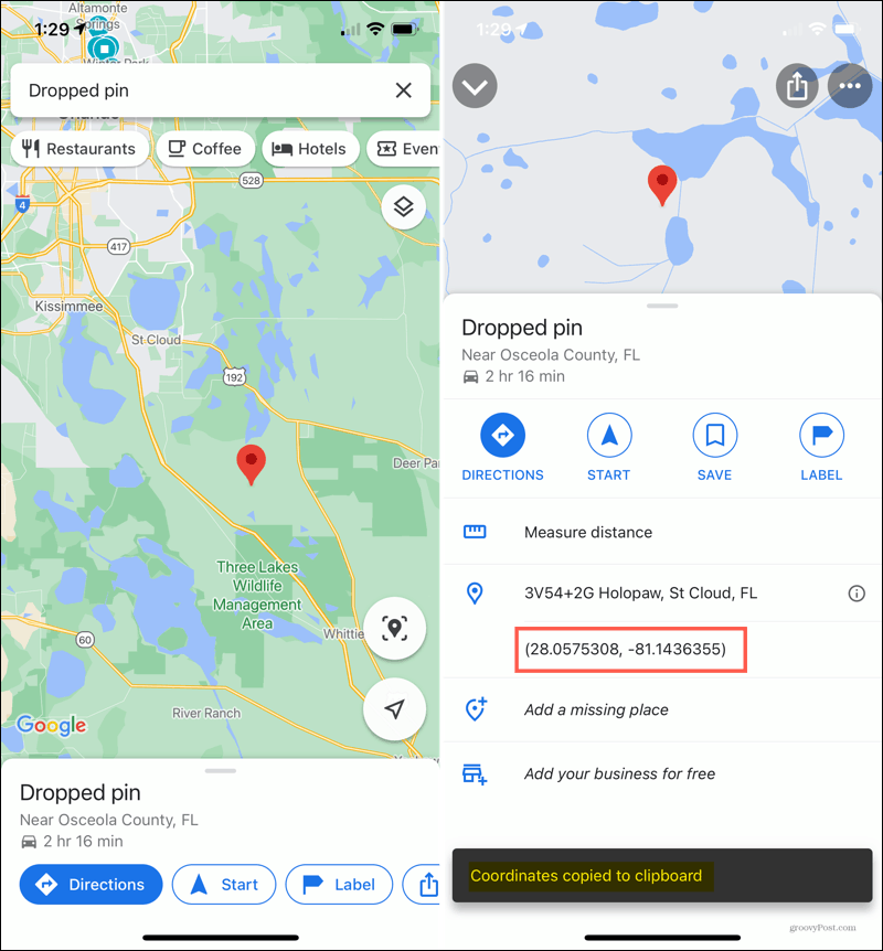 iPhone a déposé une épingle dans Google Maps