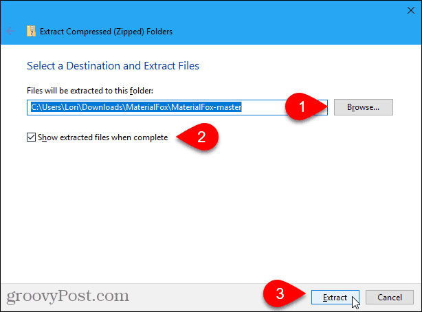 Boîte de dialogue Extraire Windows 10