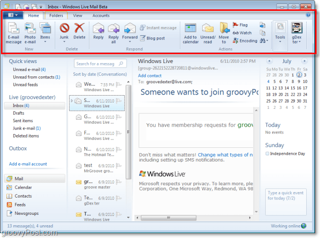 nouveau ruban cool pour Windows Live Mail