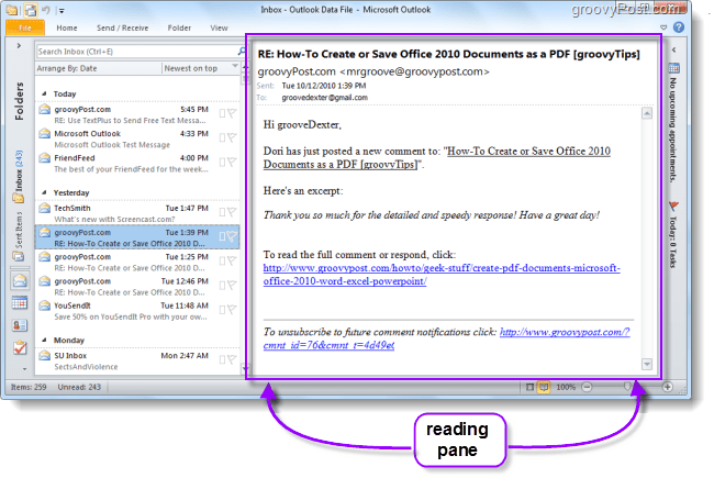 Affichage des e-mails dans le volet de lecture d'Outlook 2010