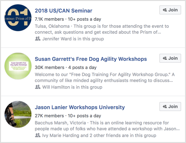 exemples de groupes Facebook pour les participants à des événements