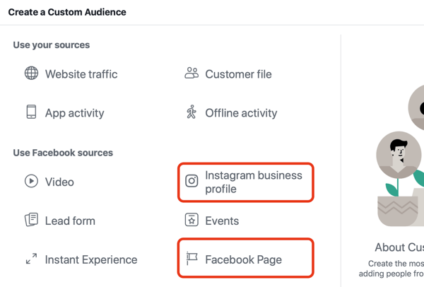 Utilisez les publicités Facebook pour faire de la publicité auprès des personnes qui visitent votre page Facebook ou Instagram, étape 1.