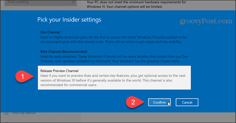 Sélectionnez le canal d'aperçu de la version pour le programme Windows Insider