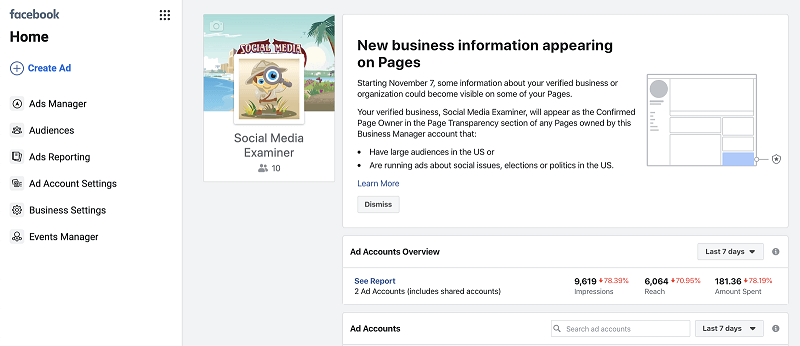 Facebook alerte les utilisateurs du Business Manager pour qu'ils vérifient leur entreprise.