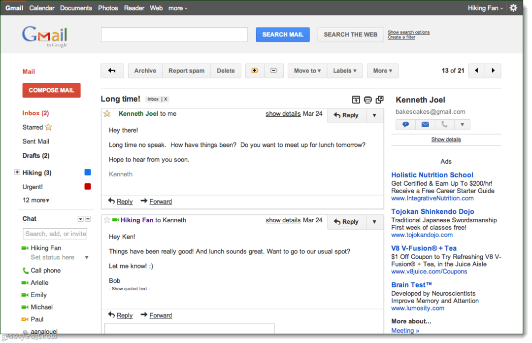 Thème de conversation de prévisualisation Gmail