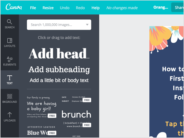 Cliquez sur l'onglet Texte pour ajouter du contenu prédéfini dans Canva.