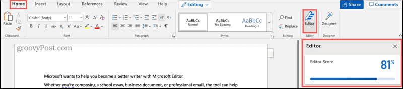 Bouton Microsoft Editor et barre latérale dans Word en ligne