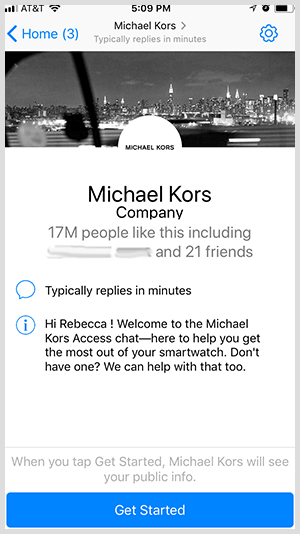 Pour choisir un bot Messenger comme celui de Michael Kors, les utilisateurs cliquent sur le bouton Commencer.