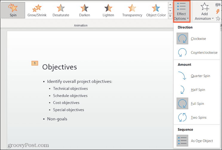 Options d'effet de rotation