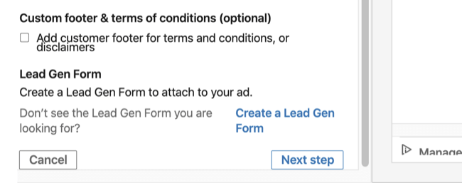 Option Lead Gen Form dans la section Informations de base de la configuration des annonces de conversation LinkedIn