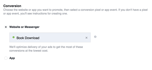 Lorsque vous créez votre annonce Facebook, sélectionnez l'objectif de conversion et choisissez la conversion personnalisée que vous venez de créer.