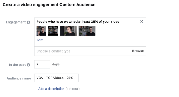 Créez l'audience personnalisée Facebook des spectateurs vidéo, étape 2.