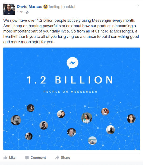 Facebook a révélé qu'il y a actuellement plus de 1,2 milliard de personnes utilisant activement Messenger chaque mois.