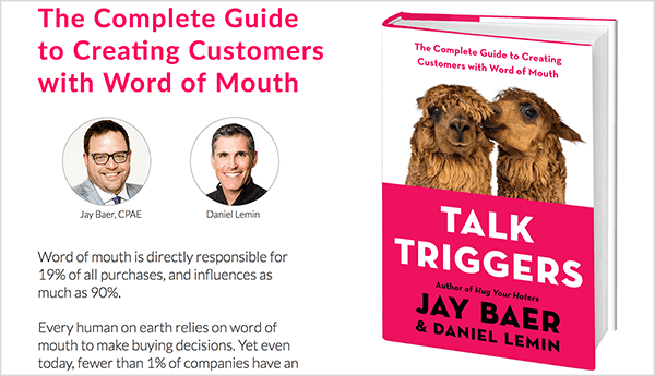 Ceci est une capture d'écran du site Web Talk Triggers. À gauche, un texte sur le livre et des photos de Jay Baer et Daniel Lemin. Sur la droite se trouve la couverture du livre pour Talk Triggers.