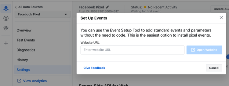 Outil de configuration d'événements Facebook