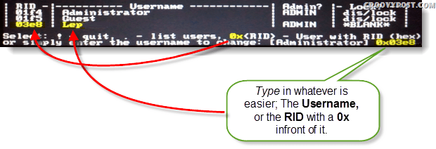 Sélectionner!, quitter. - liste des utilisateurs, 0x <RID> - Utilisateur avec RID (hex) ou entrez simplement le nom d'utilisateur à modifier: [Administrateur]