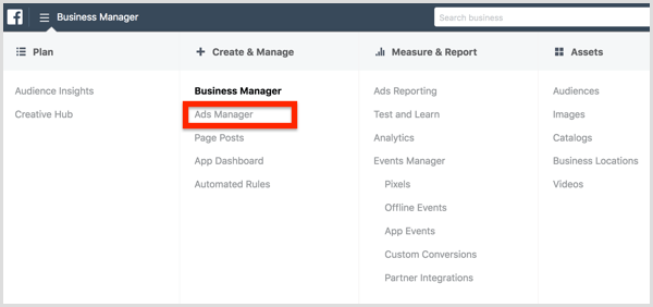 Sélectionnez Ads Manager dans le menu Facebook Business Manager.