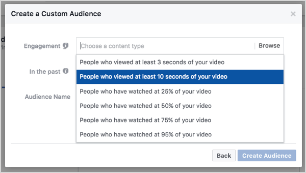 Audience personnalisée Facebook basée sur des vues vidéo de 10 secondes.