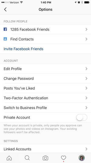 options de profils d'entreprise instagram