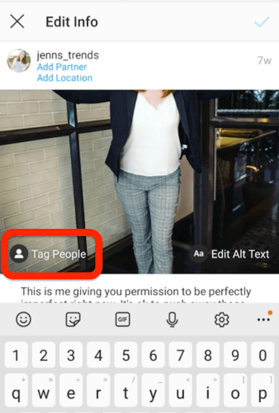 option de taguer les personnes affichée au bas d'un post Instagram par @jenns_trends