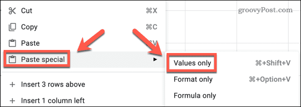 Coller des valeurs de cellule dans Google Sheets