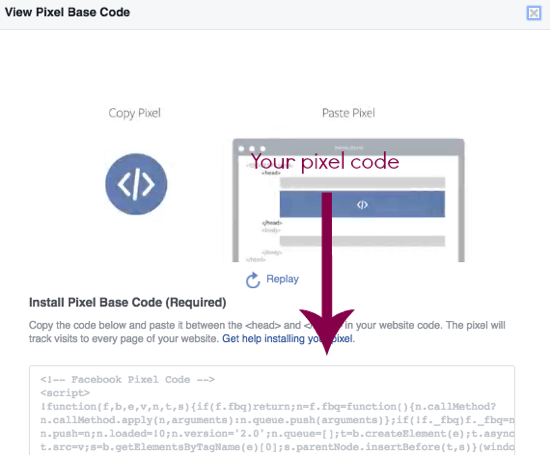Copiez votre code pixel Facebook directement depuis cette page.