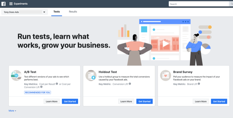 Section Facebook Experiments de Ads Manager