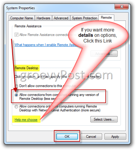 Windows 7 - Paramètres à distance Activer le bouton radio RDP