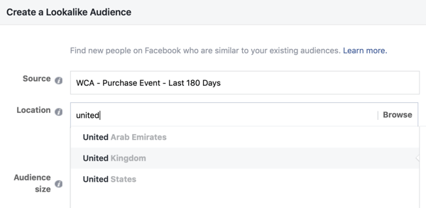 Paramètres pour créer votre audience Facebook Lookalike à partir de votre audience personnalisée.