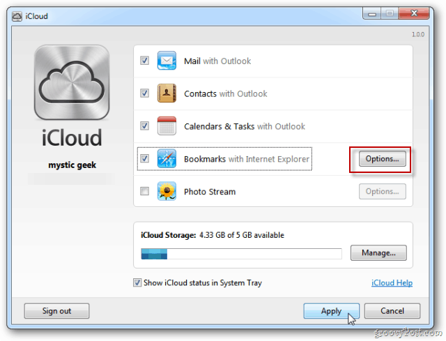 Options de synchronisation iCloud