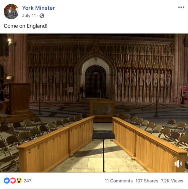 Exemple de publication Facebook avec un thème d'actualité de York Minster.
