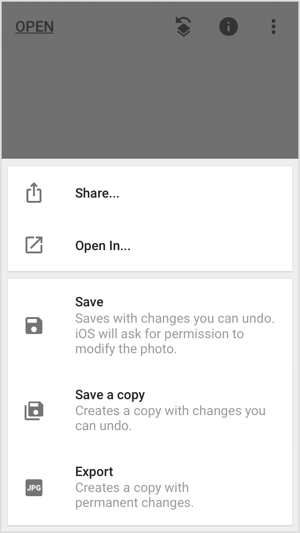 Partagez, enregistrez ou exportez votre image dans des applications mobiles comme Snapseed.