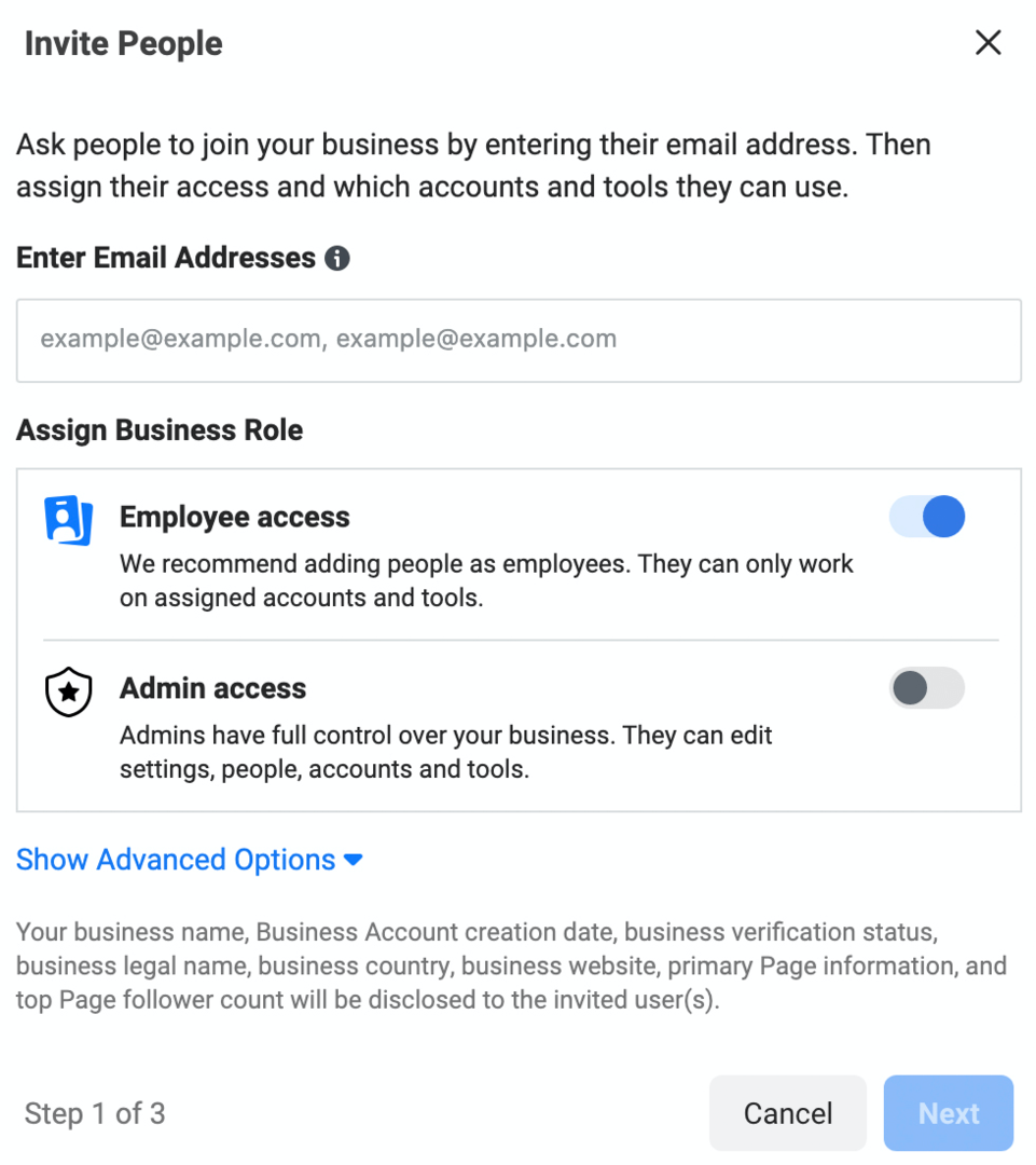 image de l'écran Inviter des personnes dans Meta Business Manager