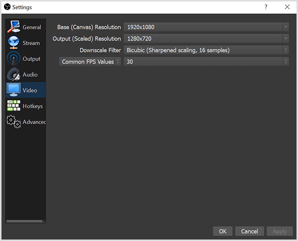 La boîte de dialogue Paramètres OBS Studio contient des options dans l'onglet Vidéo pour définir votre résolution de base et votre résolution de sortie. La boîte a également des options pour un filtre et un FPS à l'échelle descendante, ou des images par seconde.