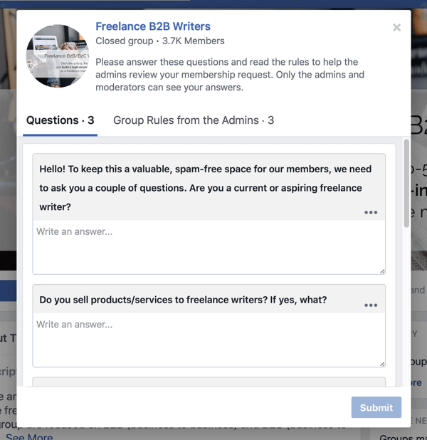Comment améliorer votre communauté de groupe Facebook, exemple de questions des nouveaux membres du groupe Facebook par des rédacteurs B2B indépendants