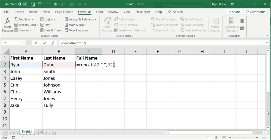 en utilisant la fonction concat dans Excel
