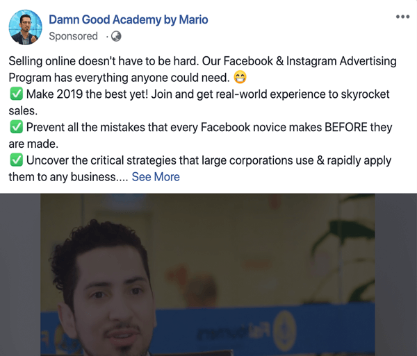 Comment écrire et structurer des publications sponsorisées Facebook textuelles plus longues, problème de type 1 et solution, exemple par Damn Good Academy par Mario