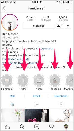Faits saillants de la marque Instagram sur le profil de Kim Klassen.