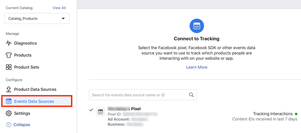 Utilisez l'outil de configuration d'événements Facebook, étape 24, option de menu pour connecter le pixel Facebook à votre catalogue