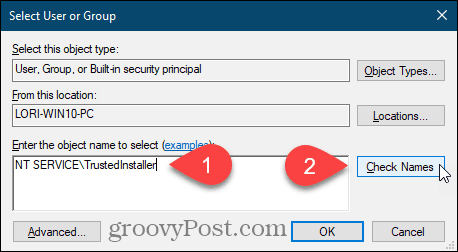 Entrez le nom d'utilisateur et cliquez sur Vérifier les noms pour une clé de registre Windows