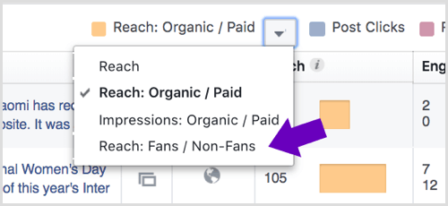 Cliquez sur la flèche à côté de Audience: organique / payant dans vos statistiques de page Facebook.
