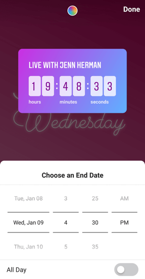 Comment utiliser l'autocollant Instagram Countdown pour les entreprises, étape 4 heure de fin du compte à rebours.