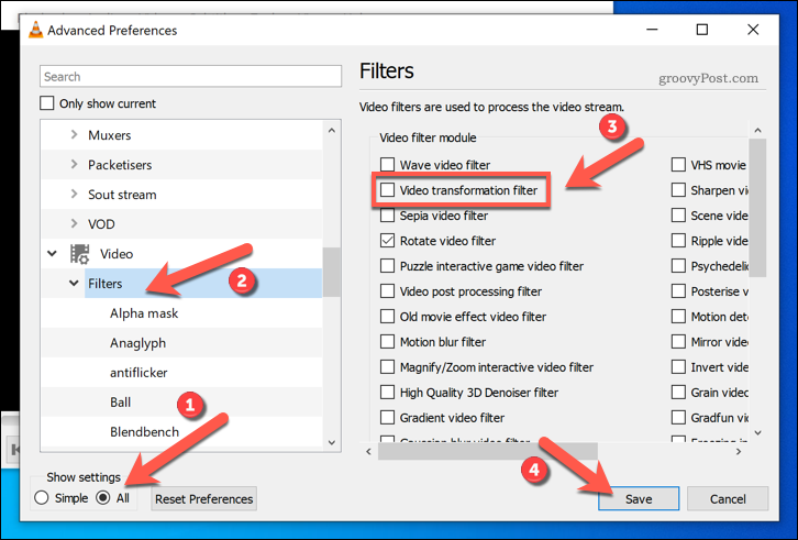 Activation des filtres de transformation vidéo dans VLC sous Windows