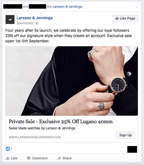 Annonce pour une vente exclusive de la marque horlogère Larsson & Jennings.