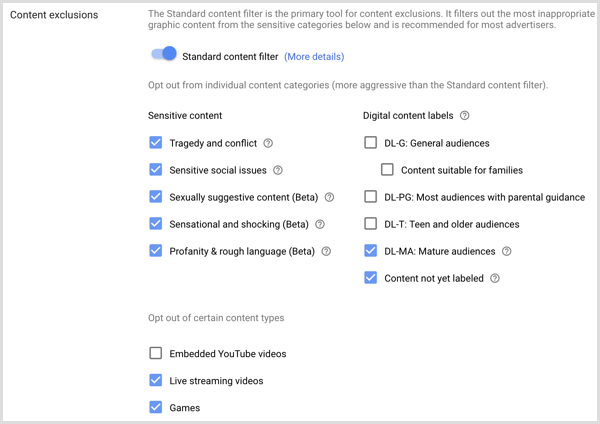 Paramètres d'exclusions de contenu pour la campagne Google AdWords.