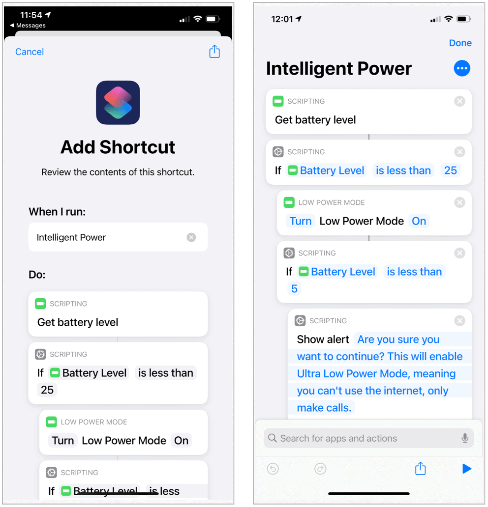 Raccourcis Siri Puissance intelligente